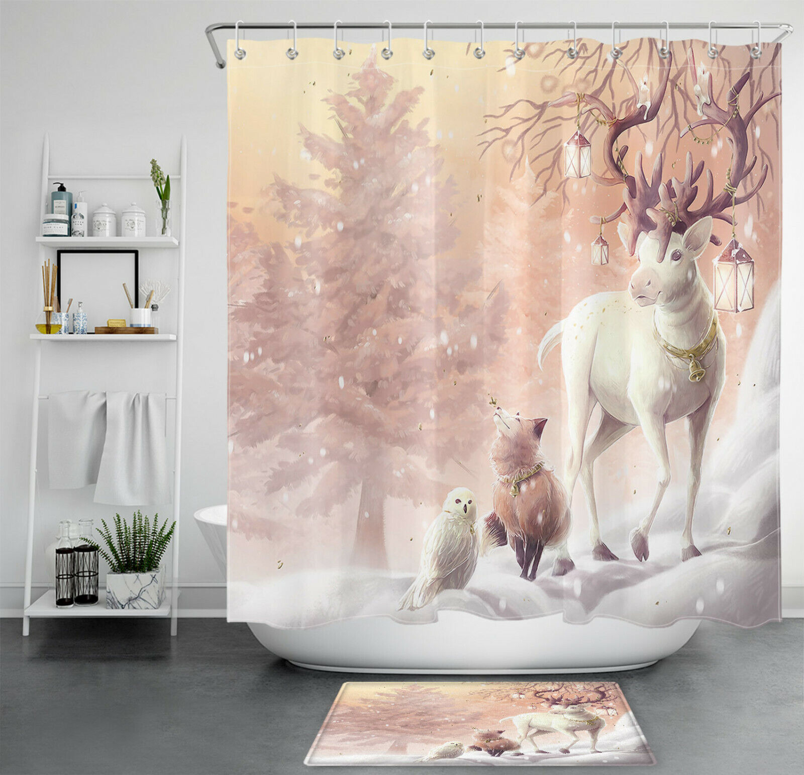 Winter Snowflake Animals Featuring Reindeer Print Shower Curtain For Festive Bathroom Decor