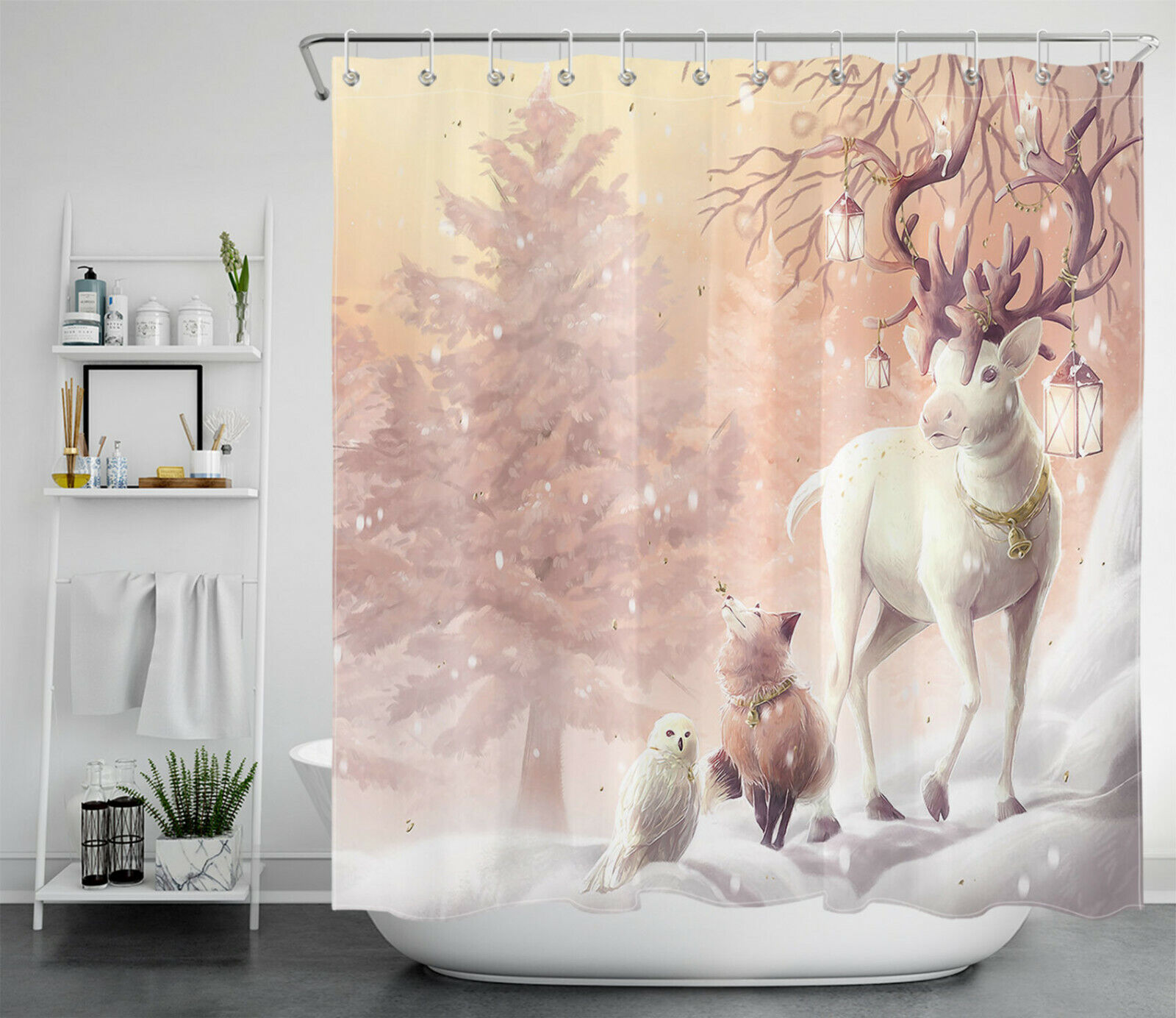 Winter Snowflake Animals Featuring Reindeer Print Shower Curtain For Festive Bathroom Decor - Image 2
