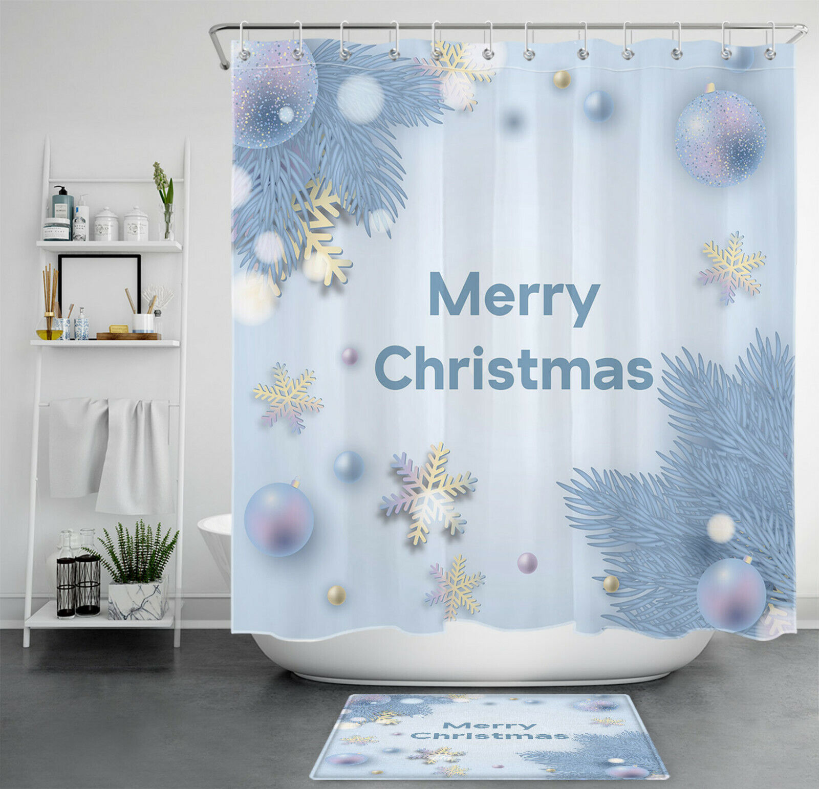 Winter Snowflake Ball Fir Branches Christmas Shower Curtain - Rustic Bathroom Decor