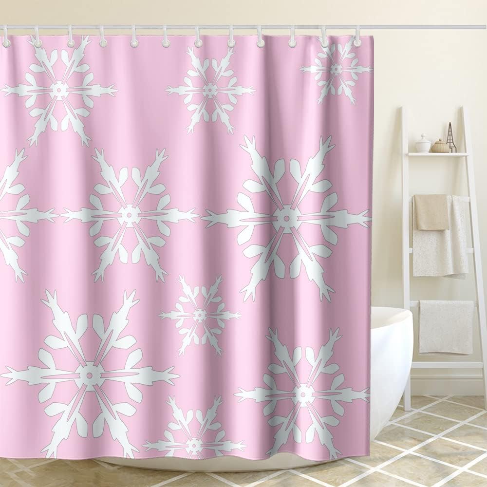 Winter Snowflake Christmas Pattern Fabric Shower Curtain in Pink