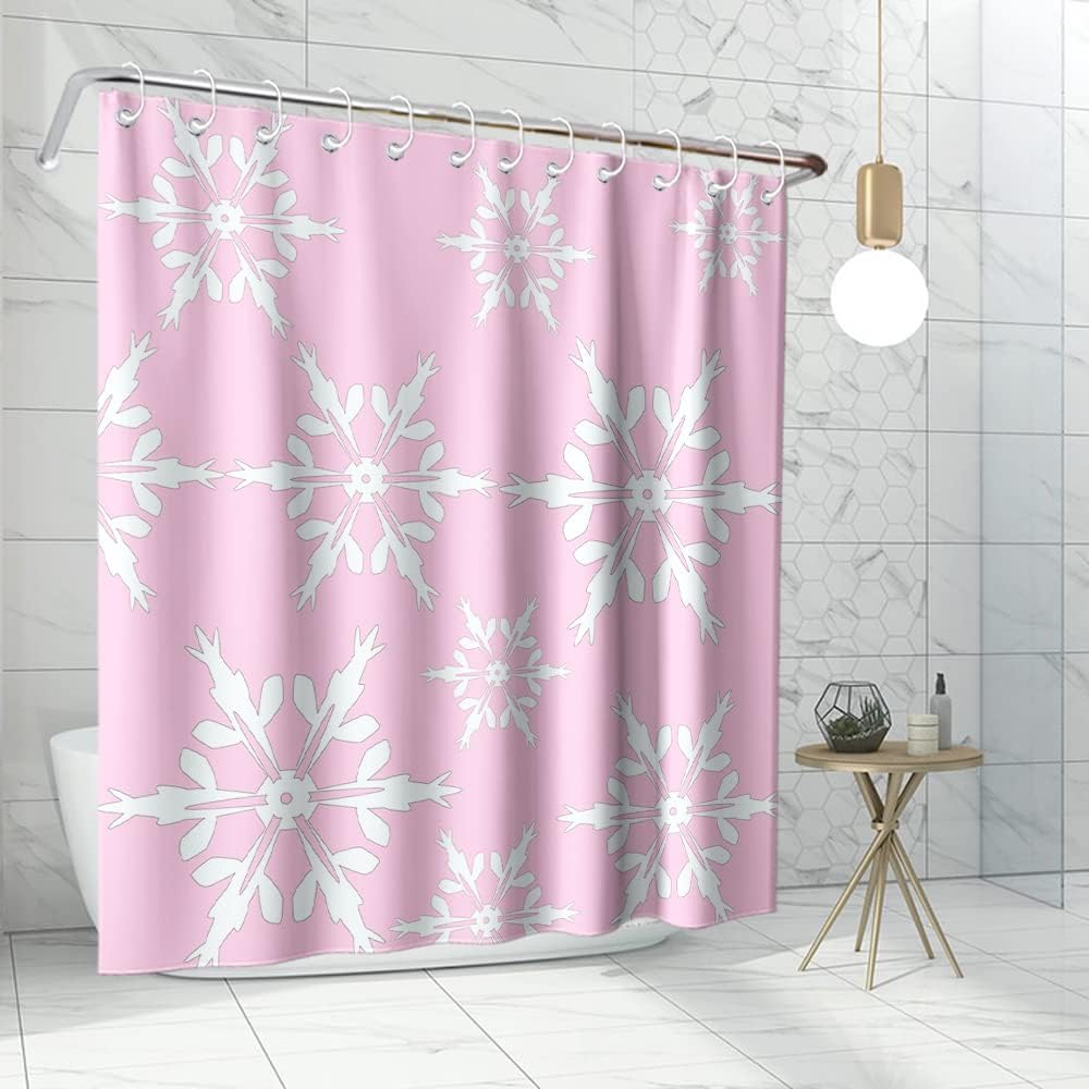 Winter Snowflake Christmas Pattern Fabric Shower Curtain in Pink