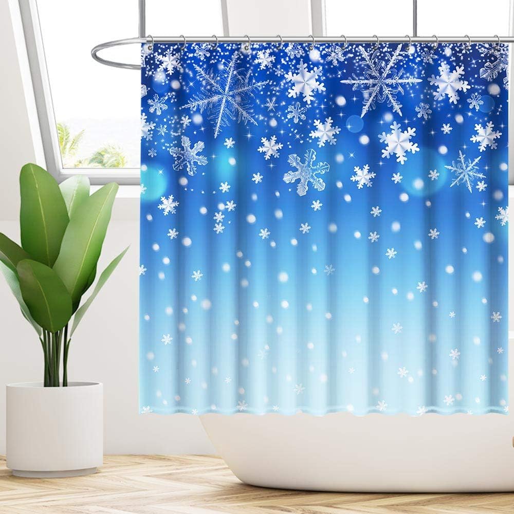 Winter Snowflake Shower Curtain With Bokeh Sequin Print For Christmas Bathroom Decor