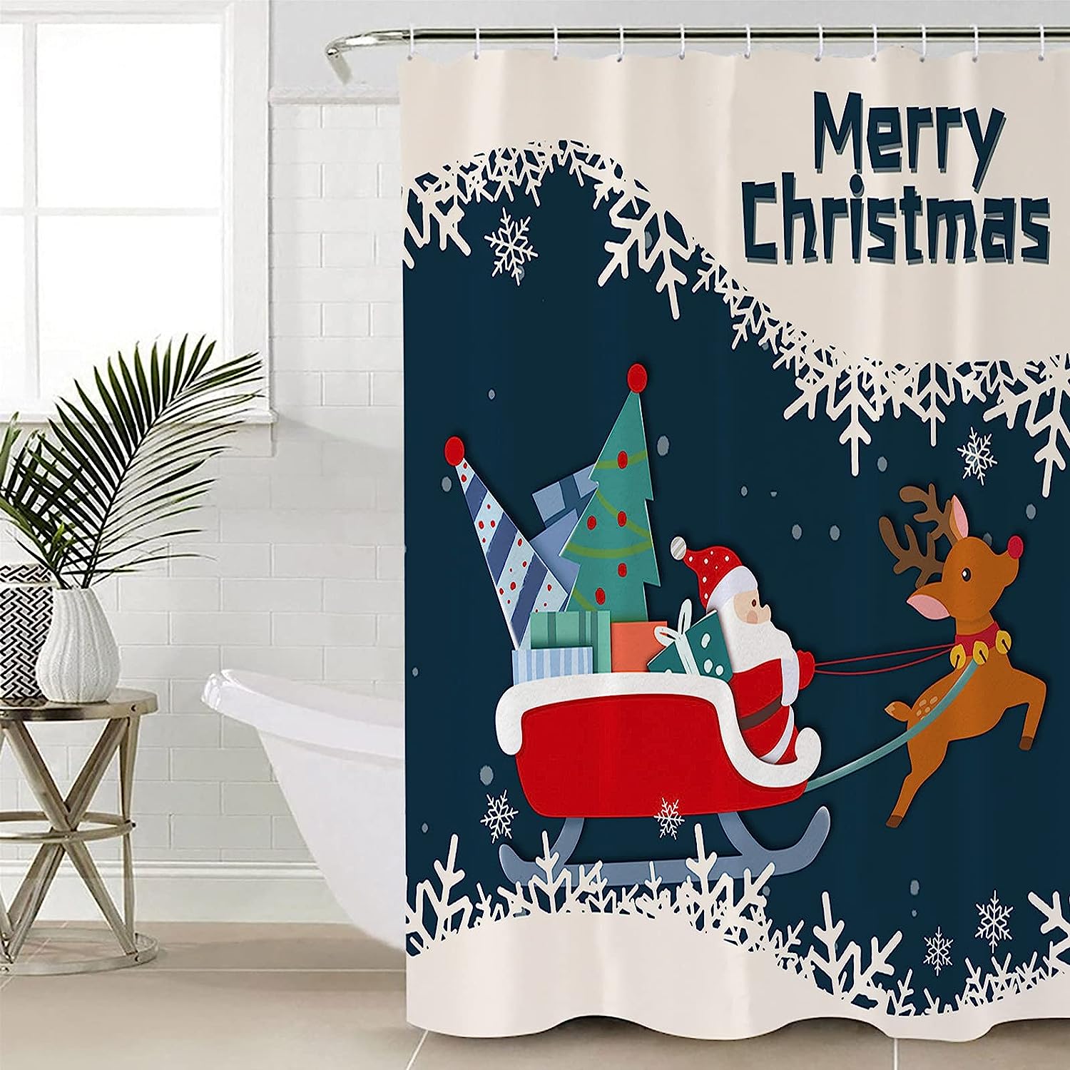 Winter Snowflake Xmas Tree Santa Deer Merry Christmas Shower Curtain for Home Decor