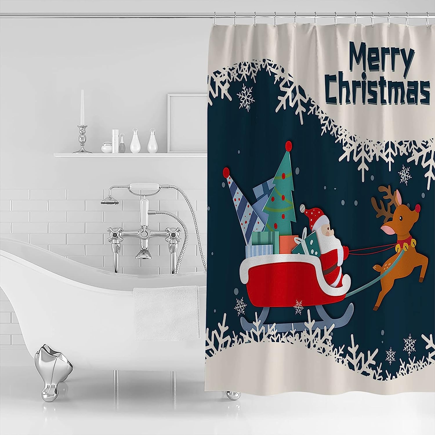 Winter Snowflake Xmas Tree Santa Deer Merry Christmas Shower Curtain for Home Decor