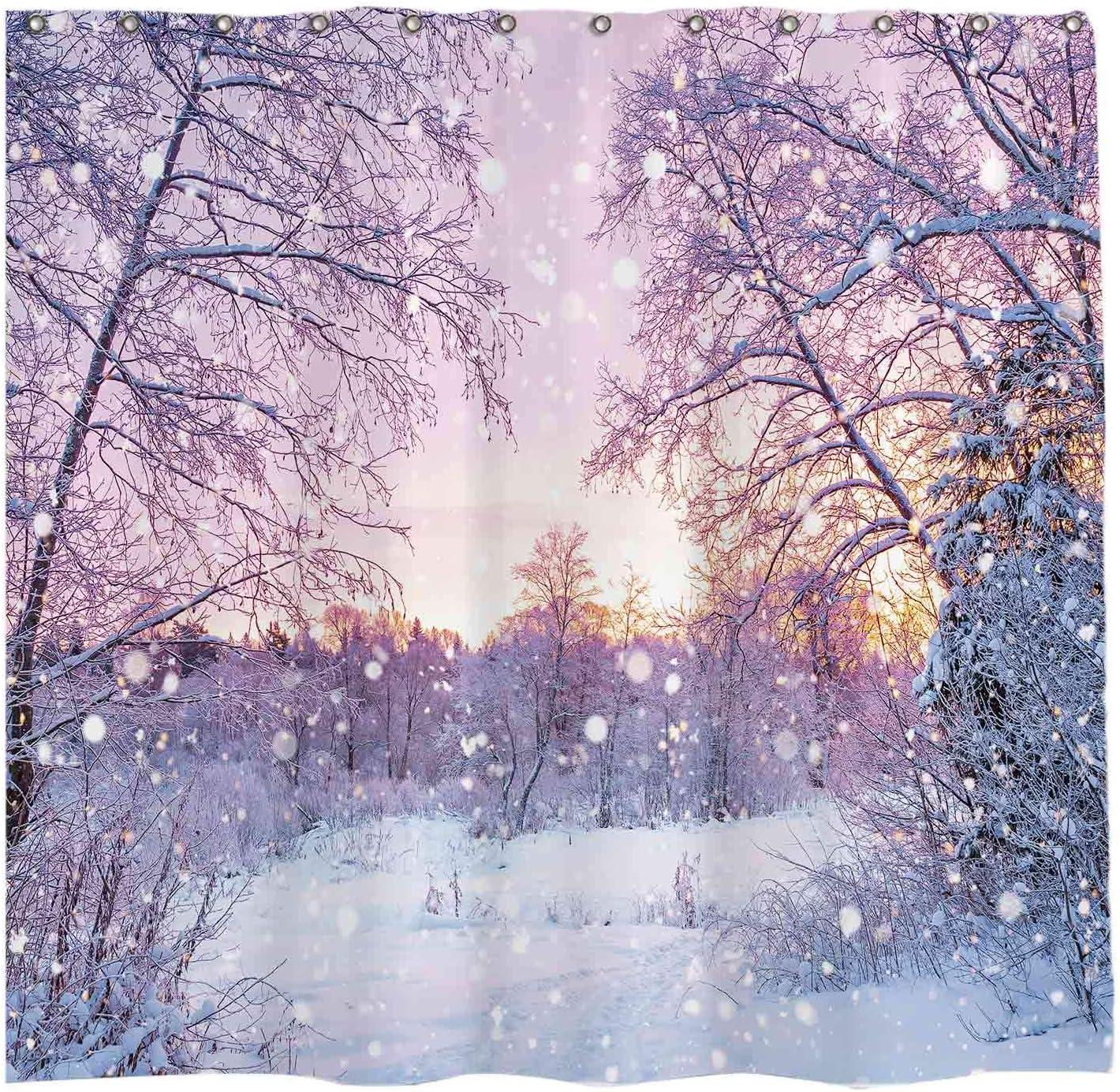 Winter Snowing Landscape Christmas Shower Curtain With Glitter Forest And Snowflake Bokeh By Allenjoy