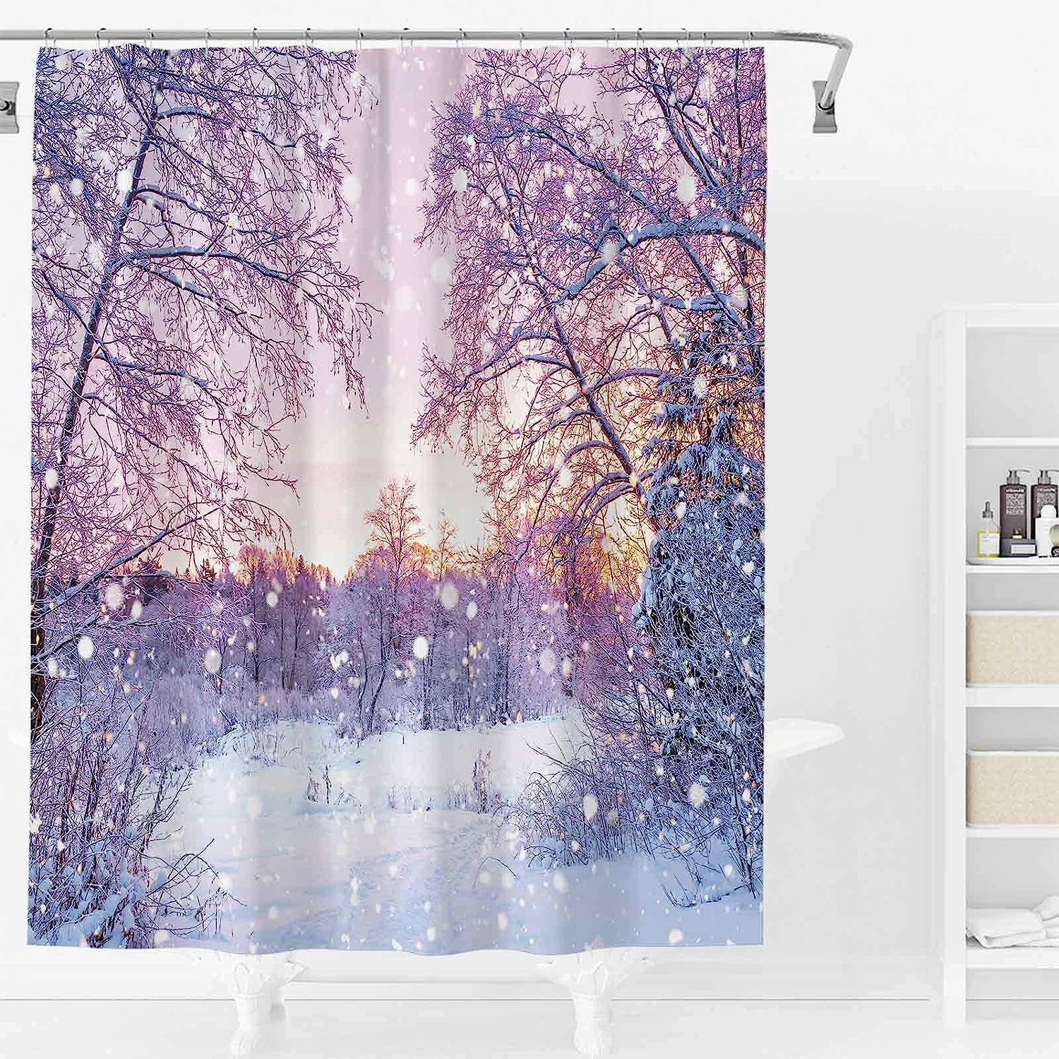 Winter Snowing Landscape Christmas Shower Curtain With Glitter Forest And Snowflake Bokeh By Allenjoy - Image 2