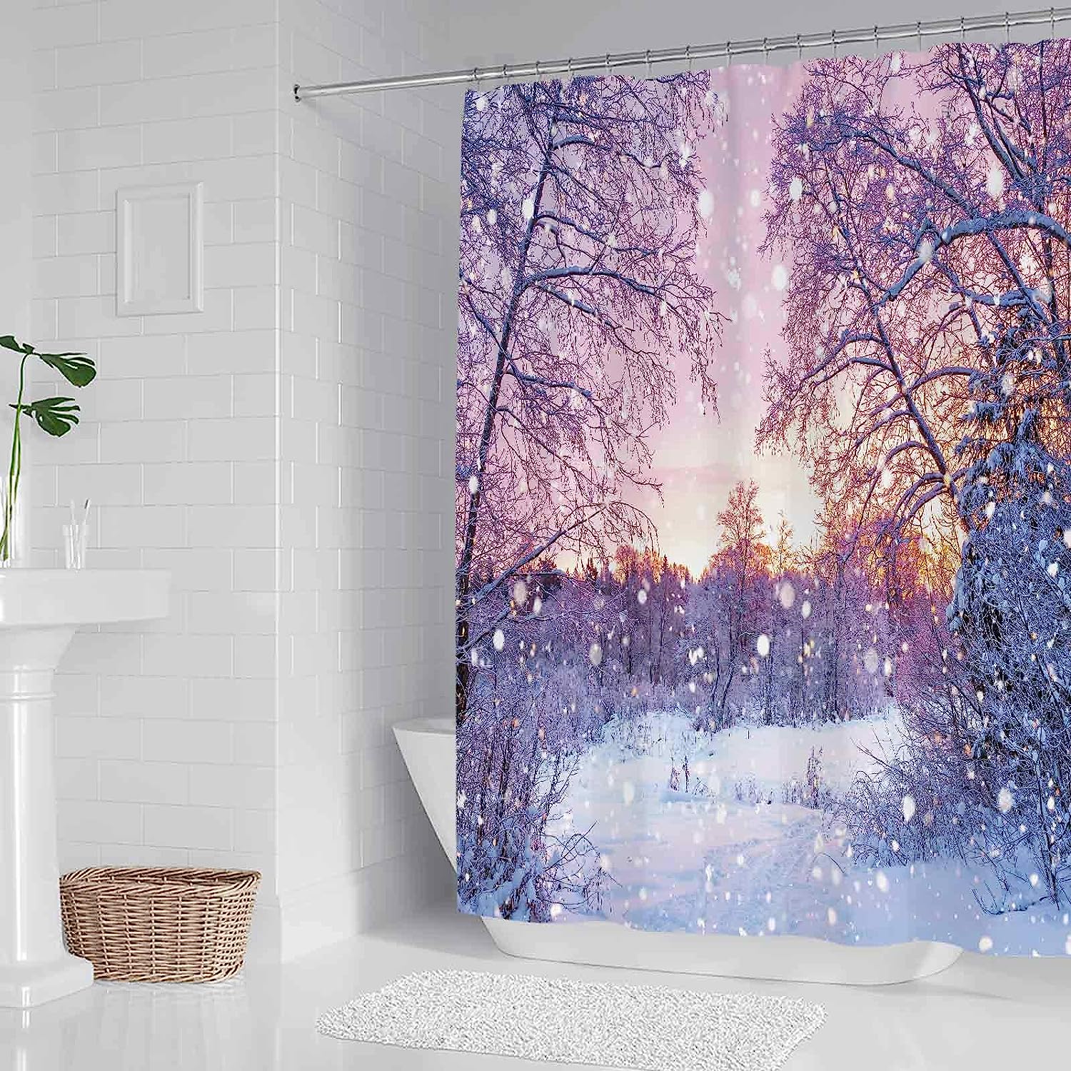 Winter Snowing Landscape Christmas Shower Curtain With Glitter Forest And Snowflake Bokeh By Allenjoy - Image 3