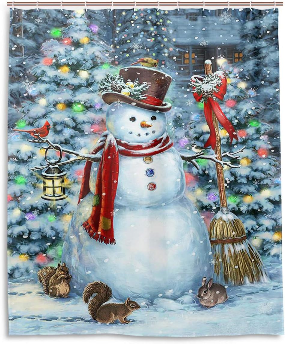 Winter Snowman Animal Shower Curtain With A Festive Christmas Theme