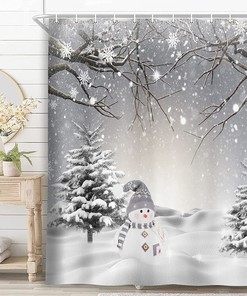 Winter Snowman Tree Cardinal Bird Snowflake Shower Curtain - Festive Bathroom Decor