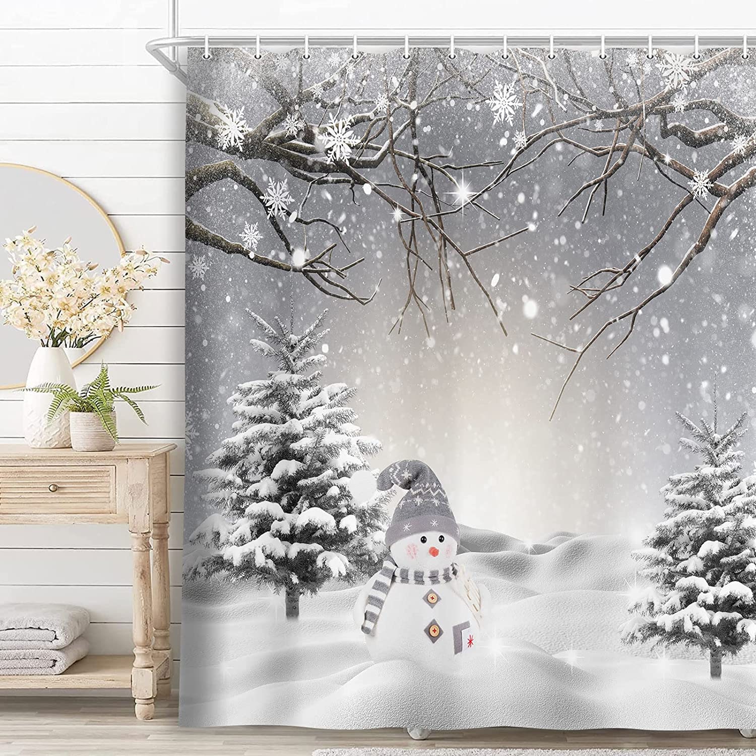 Winter Snowman Tree Cardinal Bird Snowflake Shower Curtain - Festive Bathroom Decor