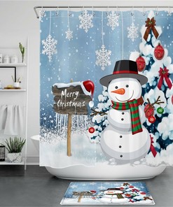 Winter Snowman and Snowflake Bathroom Decor Shower Curtain for Holiday Season