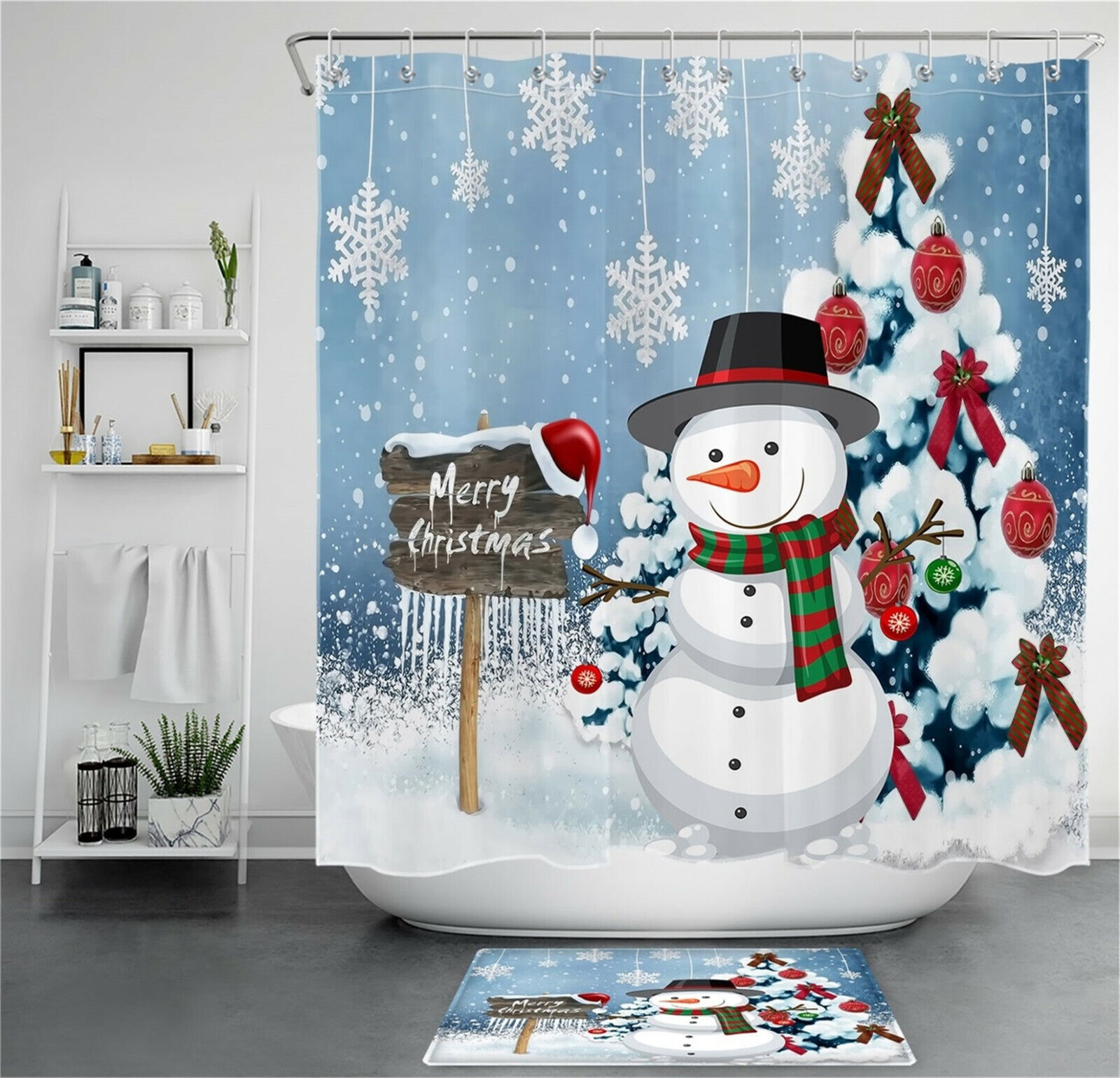 Winter Snowman and Snowflake Bathroom Decor Shower Curtain for Holiday Season