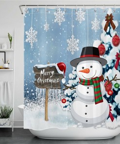 Winter Snowman and Snowflake Bathroom Decor Shower Curtain for Holiday Season
