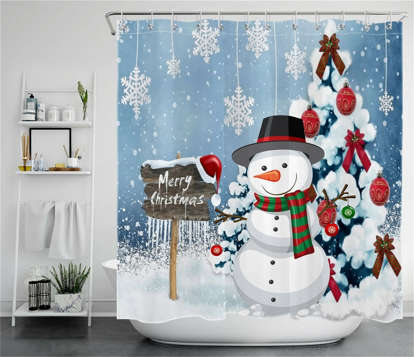Winter Snowman and Snowflake Bathroom Decor Shower Curtain for Holiday Season