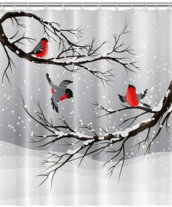 Winter Snowy Tree Shower Curtain with Christmas Art and Red Cardinals for a Festive Bath
