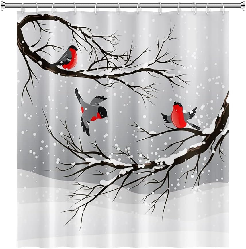 Winter Snowy Tree Shower Curtain with Christmas Art and Red Cardinals for a Festive Bath