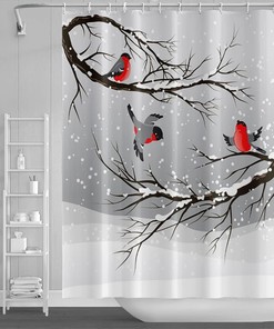 Winter Snowy Tree Shower Curtain with Christmas Art and Red Cardinals for a Festive Bath