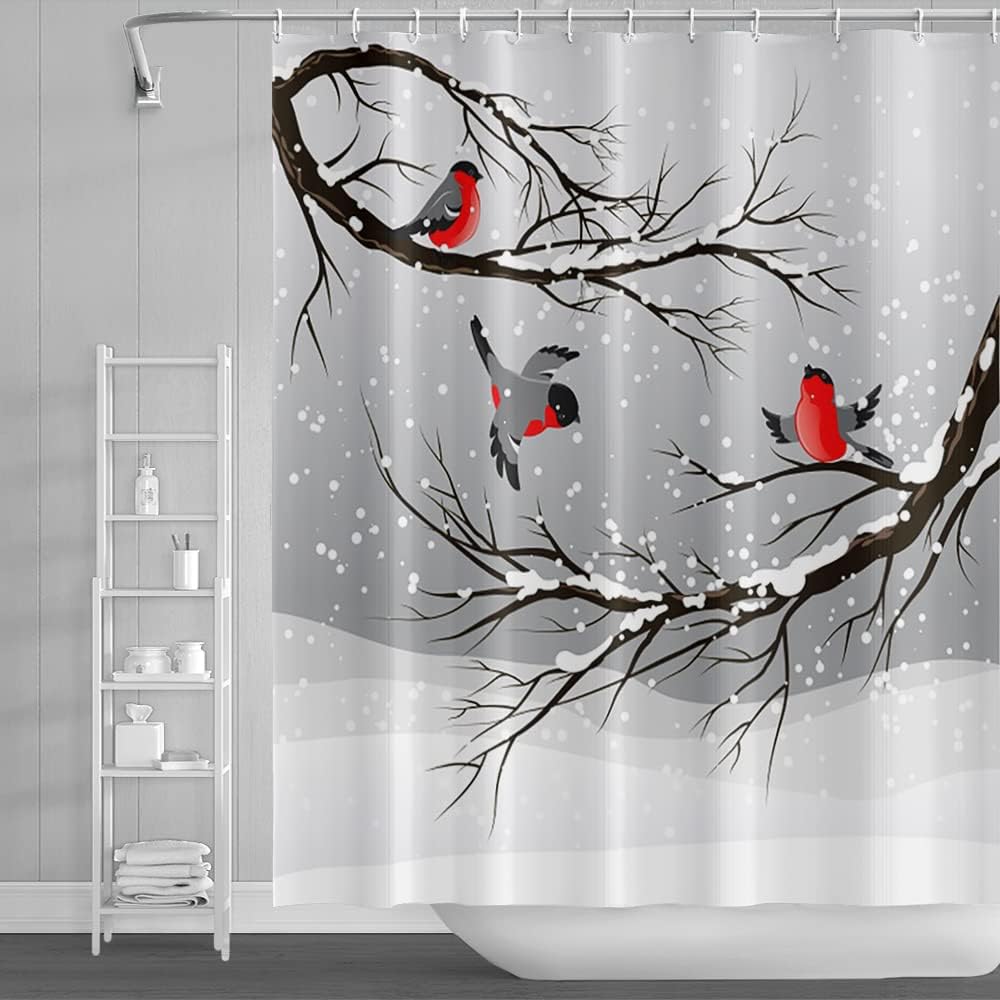 Winter Snowy Tree Shower Curtain with Christmas Art and Red Cardinals for a Festive Bath