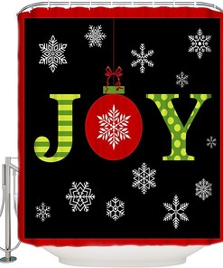 Winter Stripe Shower Curtain | Green Yellow Snowflake Christmas Bathroom Decor