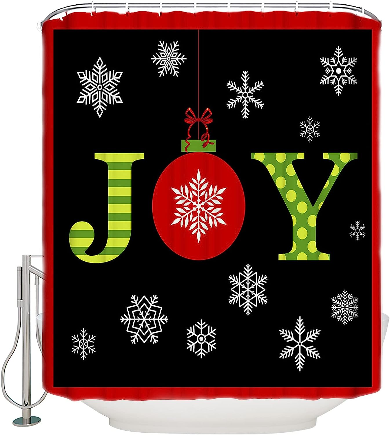 Winter Stripe Shower Curtain | Green Yellow Snowflake Christmas Bathroom Decor