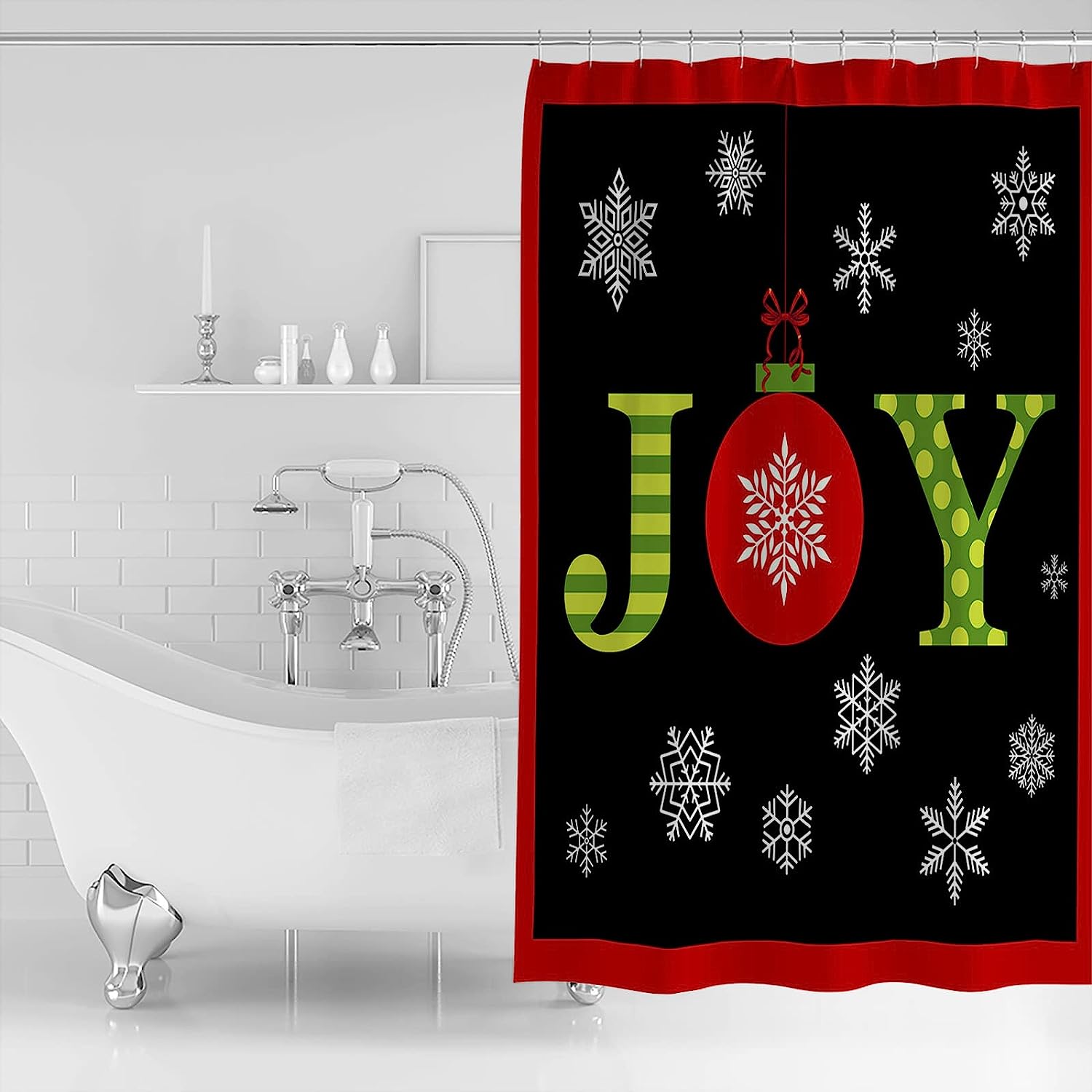 Winter Stripe Shower Curtain | Green Yellow Snowflake Christmas Bathroom Decor - Image 2