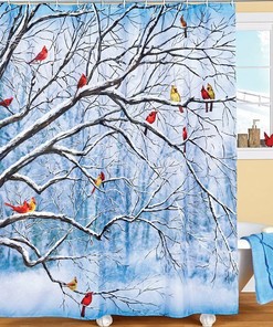 Winter Tree Cardinals Bathroom Fabric Shower Curtain 