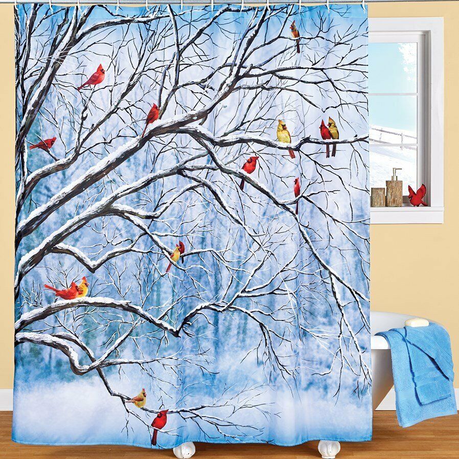 Winter Tree Cardinals Bathroom Fabric Shower Curtain