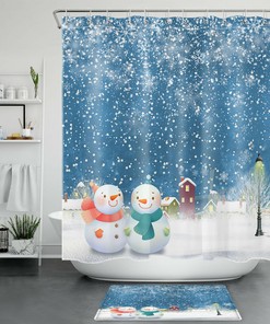 Winter Village Shower Curtain - Cute Snowman Christmas Bathroom