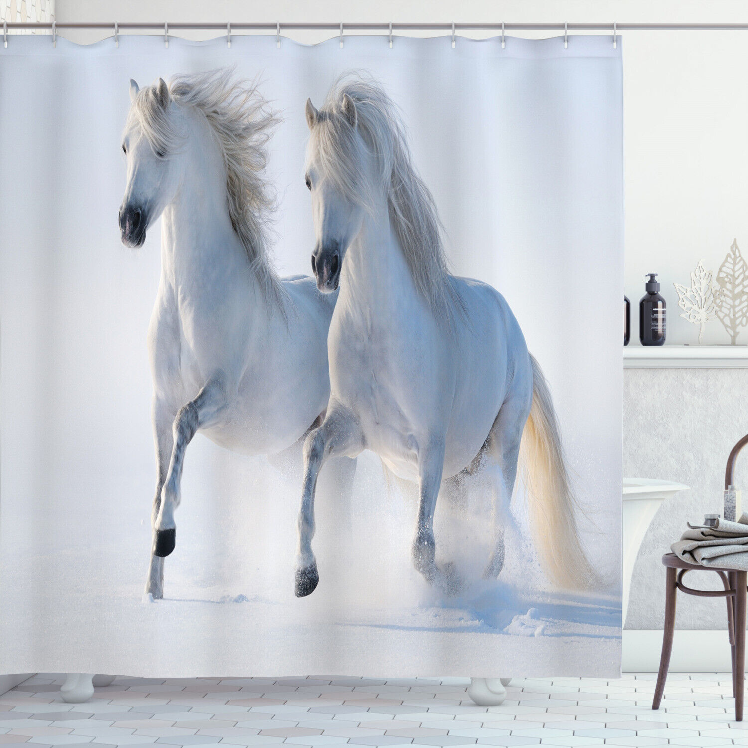Winter White Horse Animal Print Shower Curtain - A Beautiful And Majestic Addition To Your Bathroom