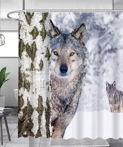 Winter Wolves Birch Tree Forest Shower Curtain With Heavy Snow And Wildlife Safari Natural View