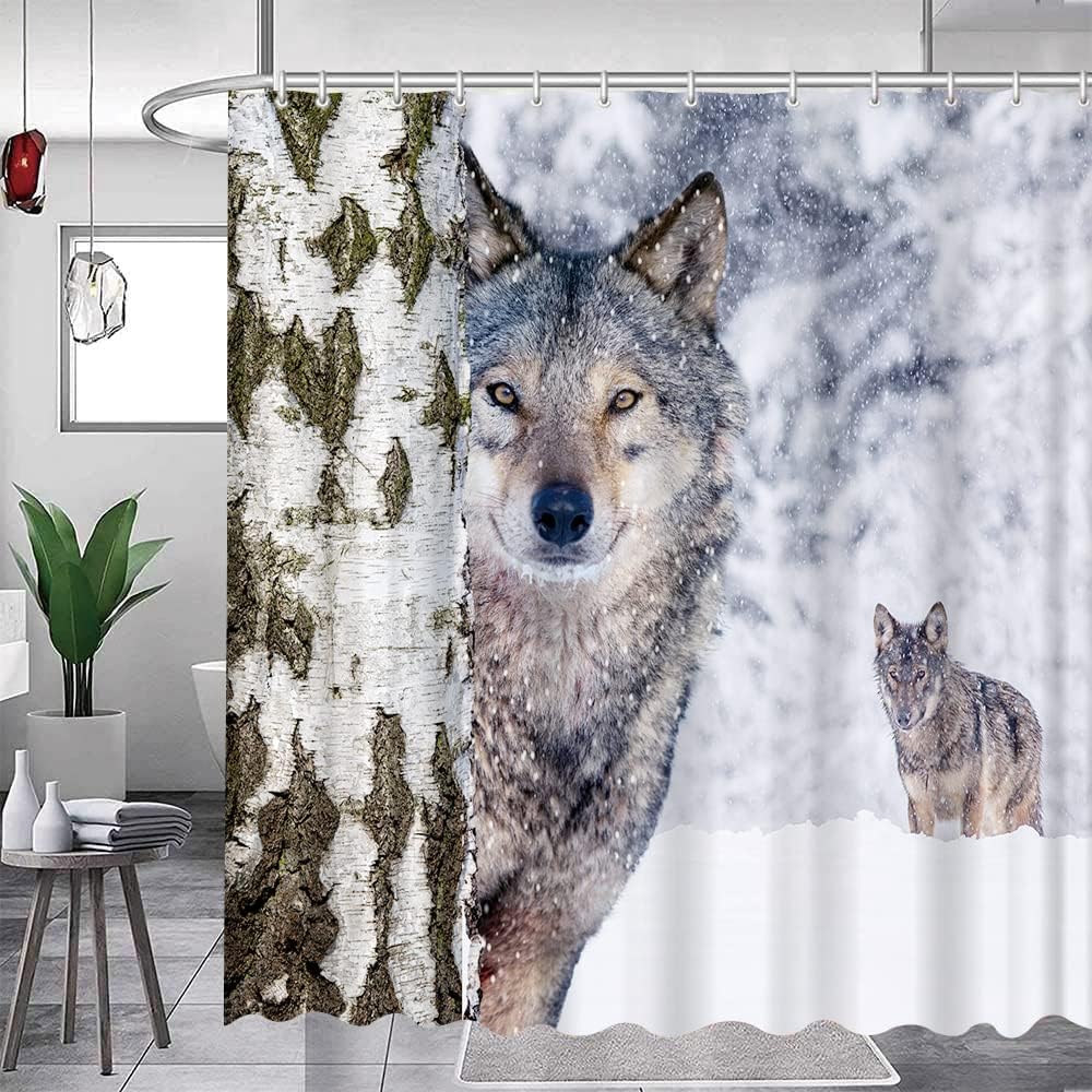Winter Wolves Birch Tree Forest Shower Curtain With Heavy Snow And Wildlife Safari Natural View