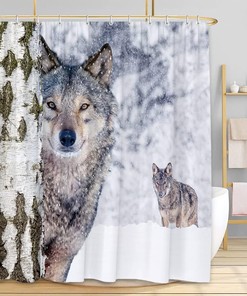 Winter Wolves Birch Tree Forest Shower Curtain With Heavy Snow And Wildlife Safari Natural View
