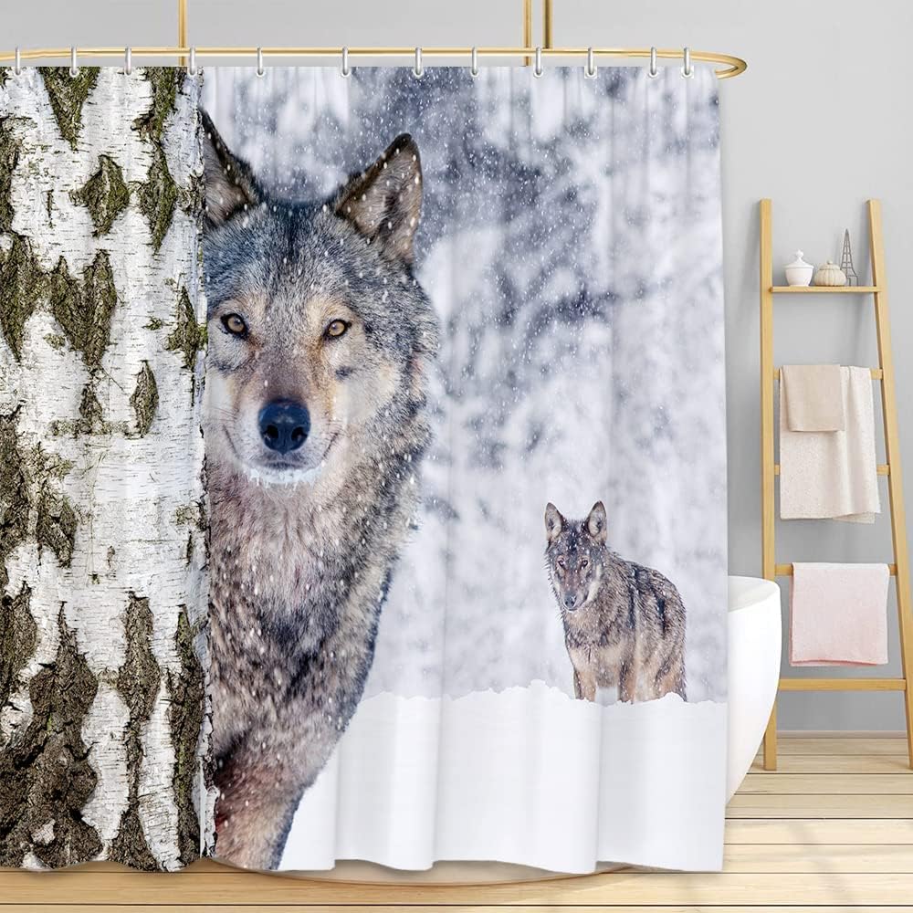 Winter Wolves Birch Tree Forest Shower Curtain With Heavy Snow And Wildlife Safari Natural View