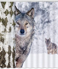 Winter Wolves Birch Tree Forest Shower Curtain With Heavy Snow And Wildlife Safari Natural View