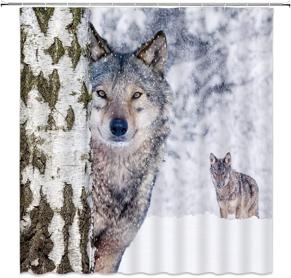 Winter Wolves Birch Tree Forest Shower Curtain With Heavy Snow And Wildlife Safari Natural View