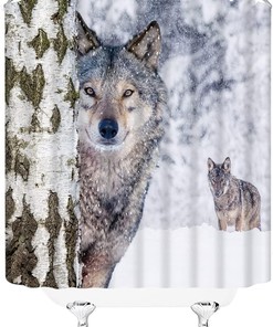 Winter Wolves Birch Tree Forest Shower Curtain With Heavy Snow And Wildlife Safari Natural View