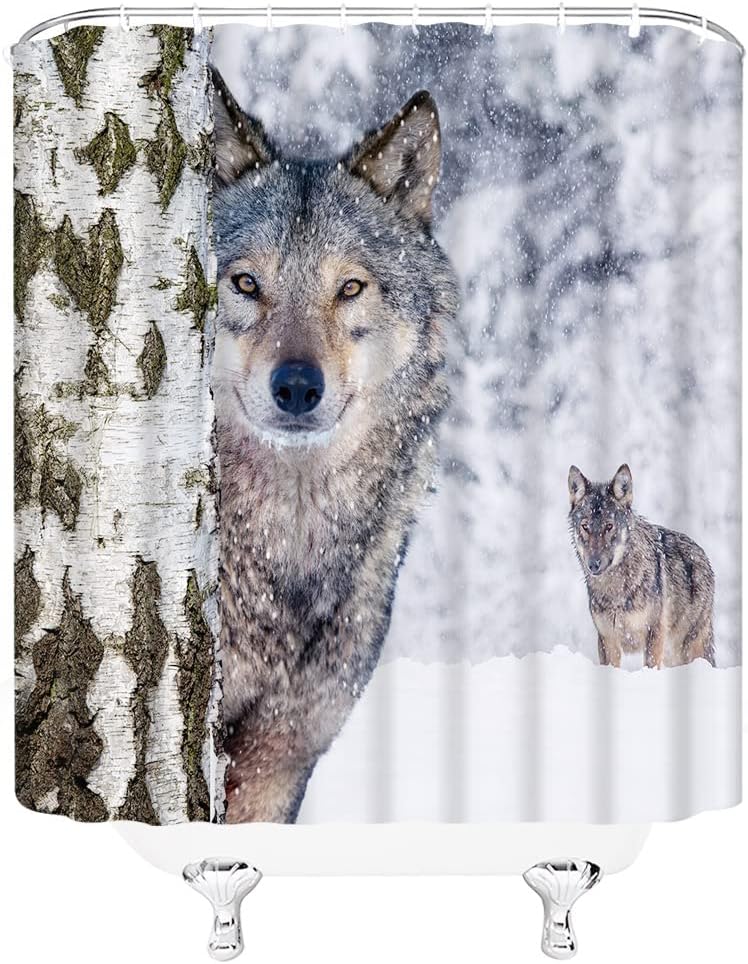 Winter Wolves Birch Tree Forest Shower Curtain With Heavy Snow And Wildlife Safari Natural View