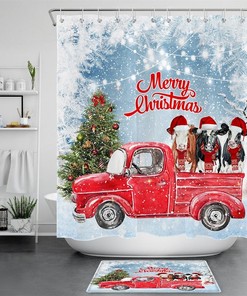 Winter Wonderland Shower Curtain featuring World Christmas Tree Farm Cows Truck Snow