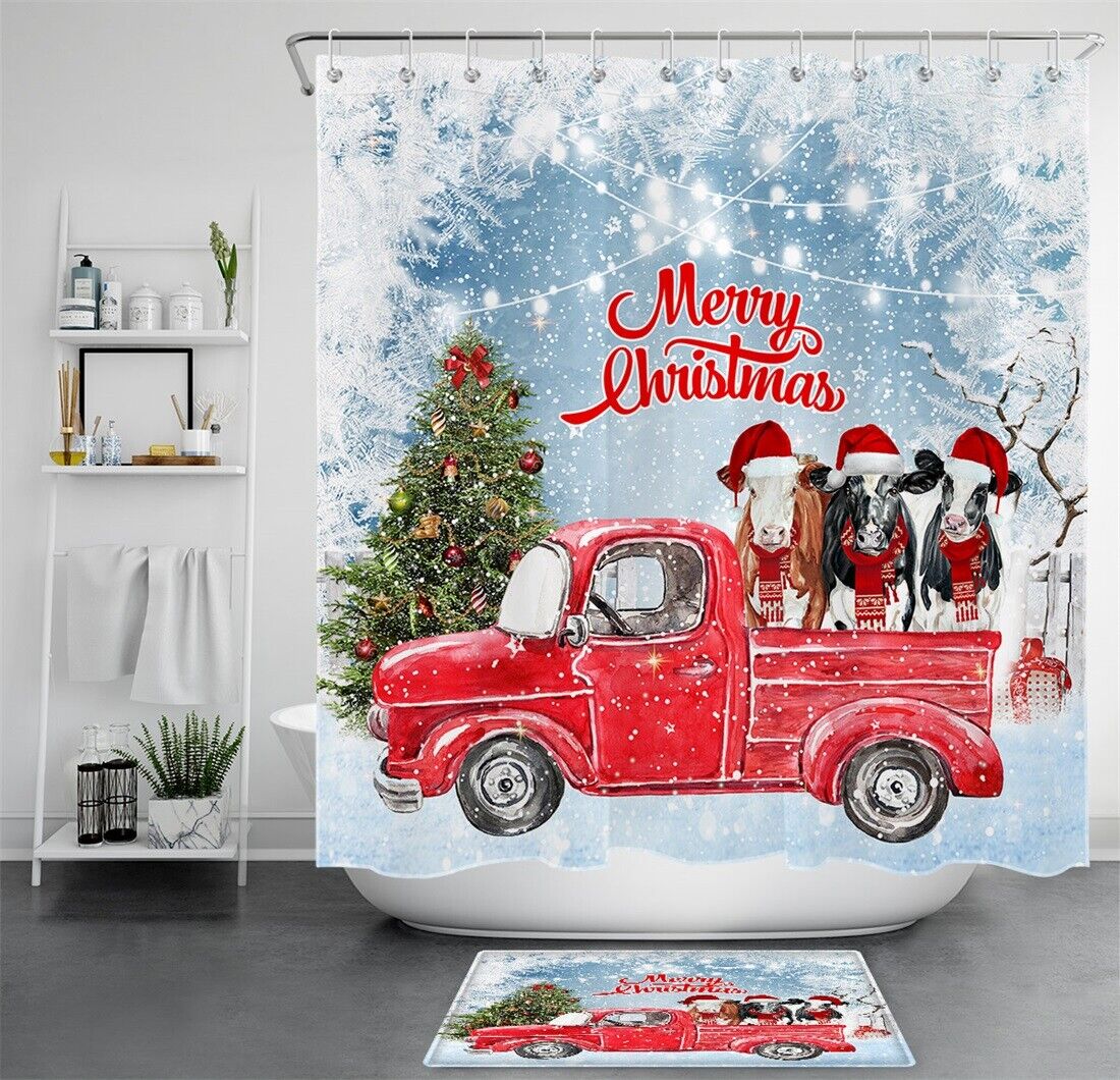 Winter Wonderland Shower Curtain featuring World Christmas Tree Farm Cows Truck Snow