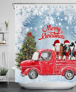 Winter Wonderland Shower Curtain featuring World Christmas Tree Farm Cows Truck Snow
