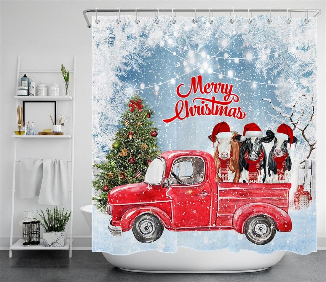 Winter Wonderland Shower Curtain featuring World Christmas Tree Farm Cows Truck Snow