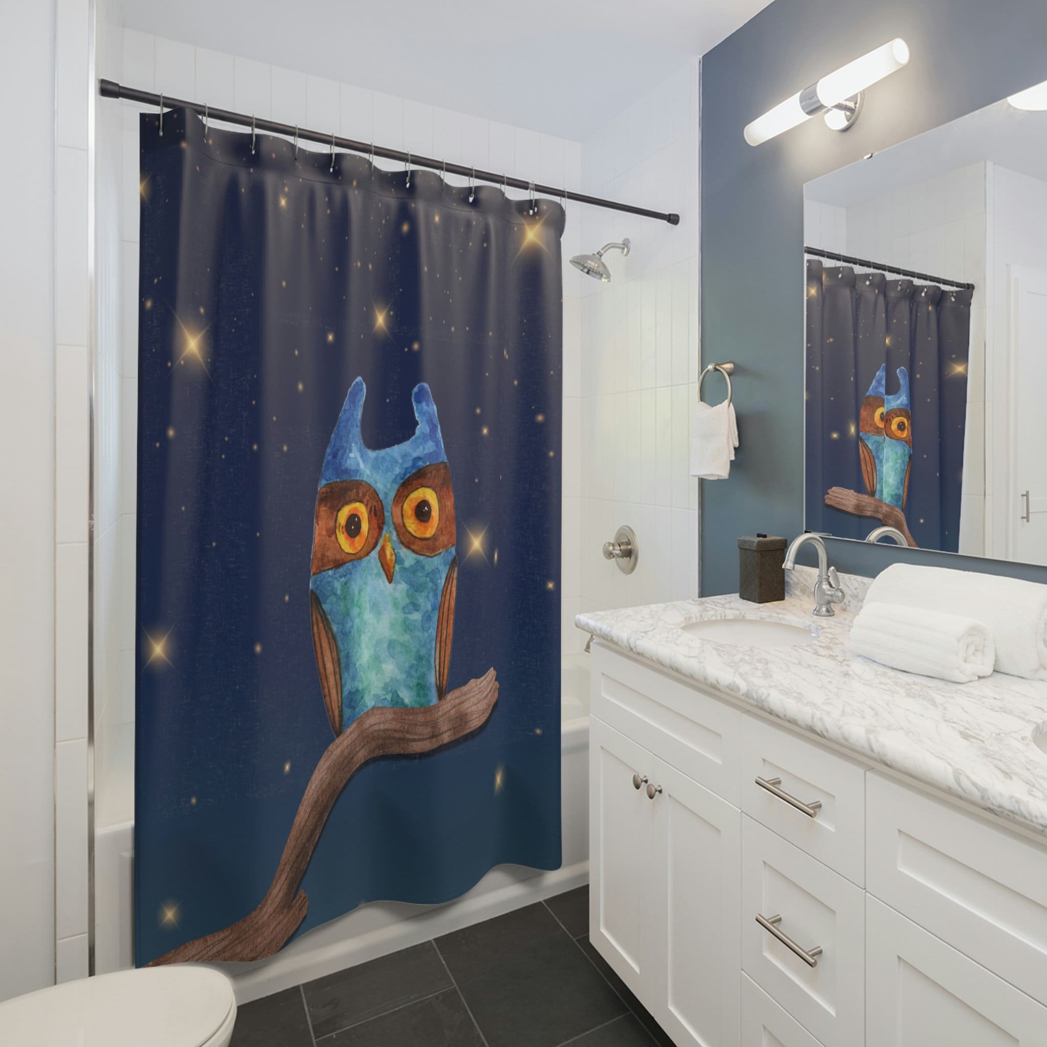 Wise Owl Shower Curtain - Night Sky Tree Branch Bathroom Decor