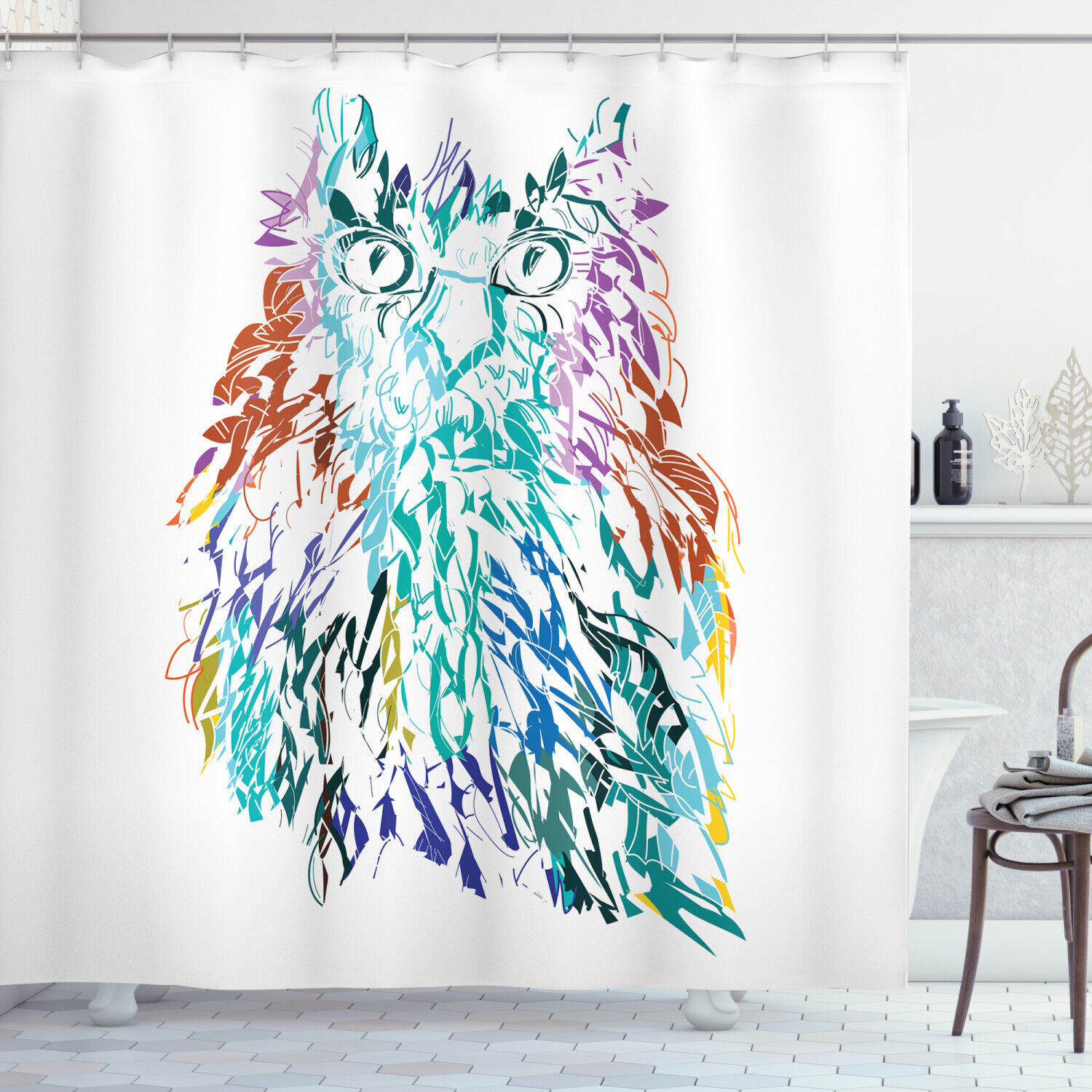 Wise Owl with Fluffy Feathers Abstract Print Ethnic Shower Curtain