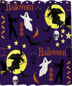Witch And Ghost Halloween Shower Curtain - Purple, Yellow, And Black Theme