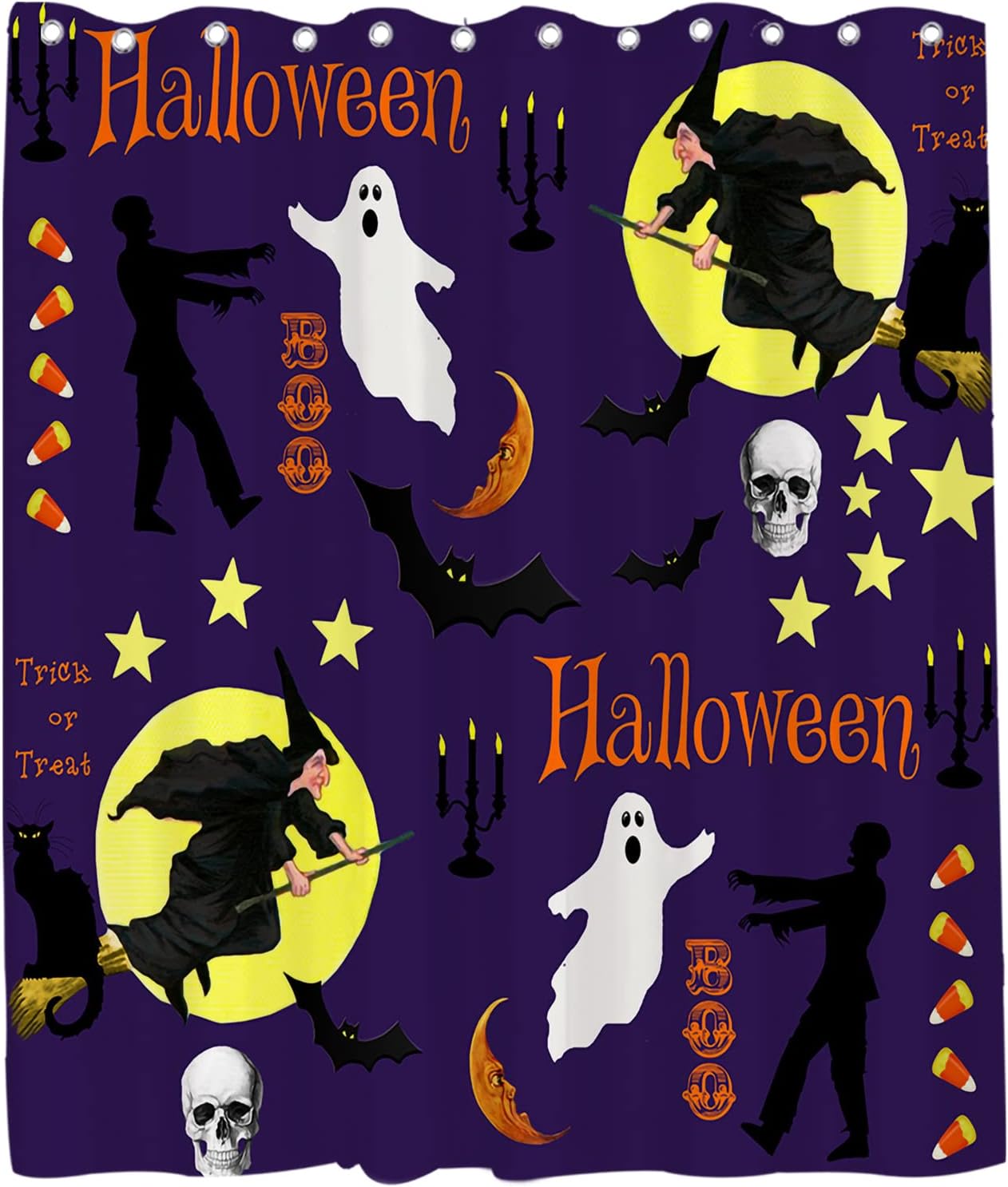 Witch And Ghost Halloween Shower Curtain - Purple, Yellow, And Black Theme