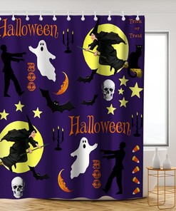 Witch And Ghost Halloween Shower Curtain - Purple, Yellow, And Black Theme