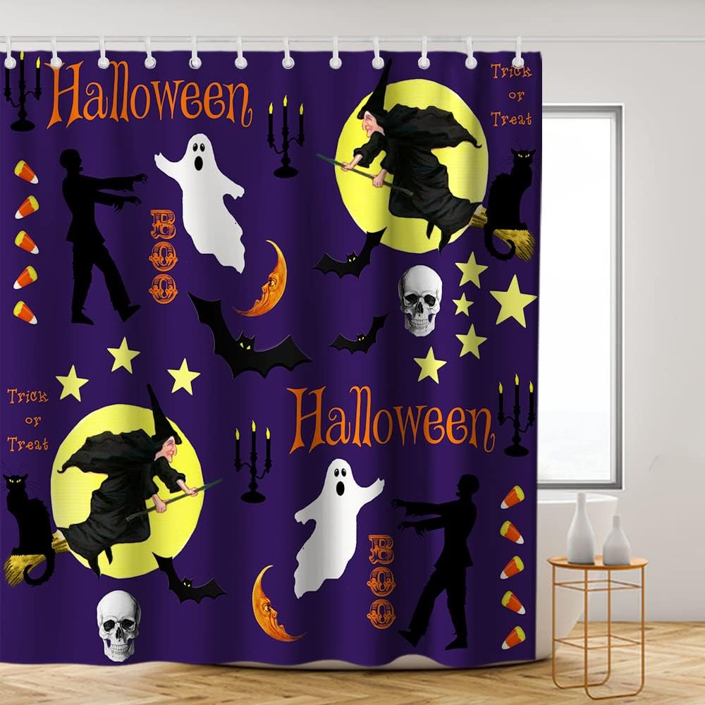 Witch And Ghost Halloween Shower Curtain - Purple, Yellow, And Black Theme