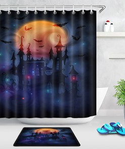 Witch Castle And Bats Halloween Shower Curtain - Moon Design On Waterproof Fabric