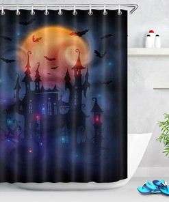 Witch Castle And Bats Halloween Shower Curtain - Moon Design On Waterproof Fabric