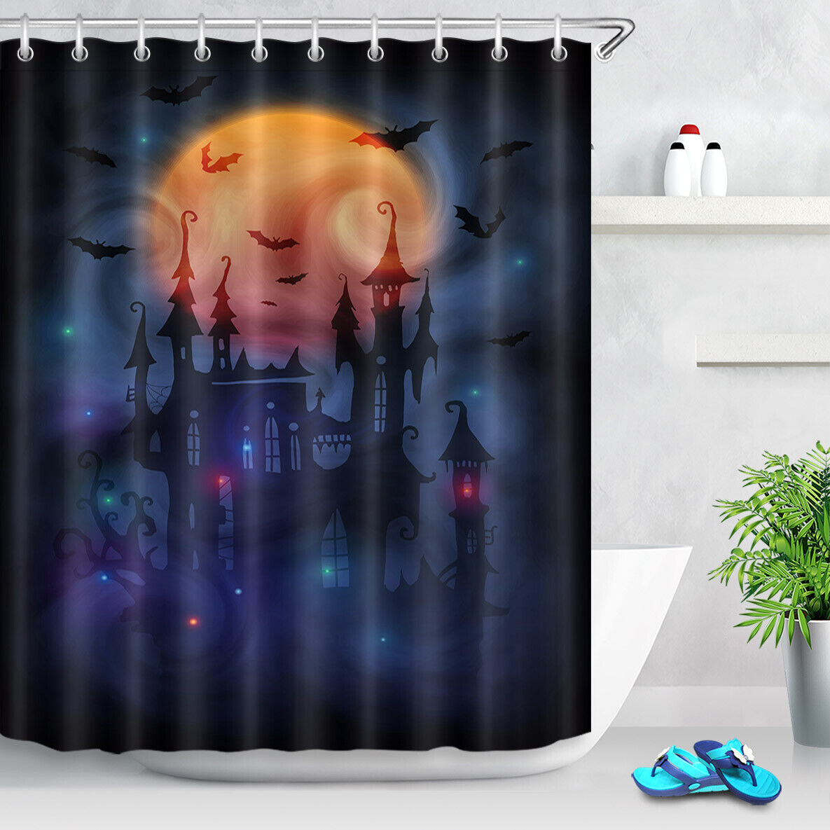 Witch Castle And Bats Halloween Shower Curtain - Moon Design On Waterproof Fabric